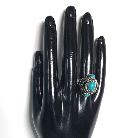Bold Vintage 1920s Taxco Mexico Turquoise Sterling Silver Art Deco Poison Ring - Picture 12 of 14